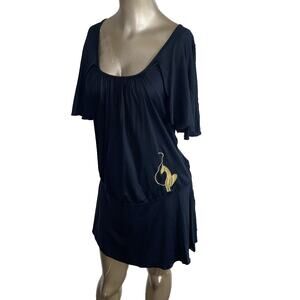 VTG Baby Phat Dress Black Women Large Y2K Mini Cat Logo Split Sleeve Scoop Neck